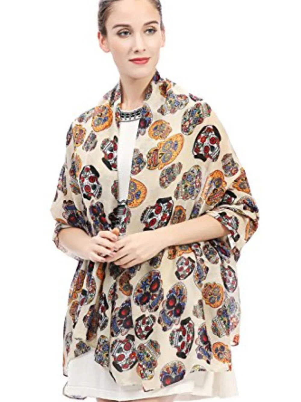 Day of the Dead Sugar Skull Print Large Scarf Shawl Lightweight Polyester